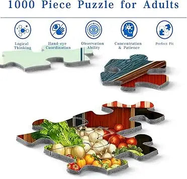 Blue vintage pickup truck parked in front of red country store on rocorose 1000 pieces autumn jigsaw puzzle for adults