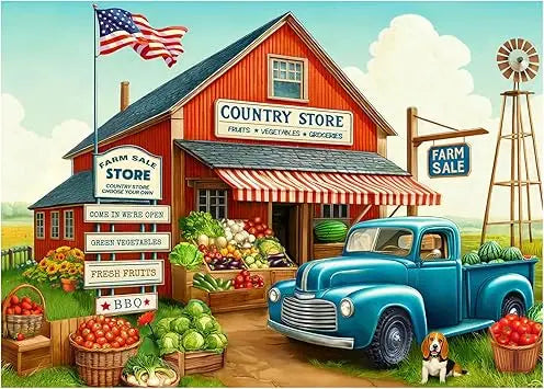 Blue vintage pickup truck parked in front of red country store on rocorose 1000 pieces autumn jigsaw puzzle for adults