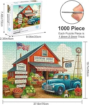 Blue vintage pickup truck parked in front of red country store on rocorose 1000 pieces autumn jigsaw puzzle for adults