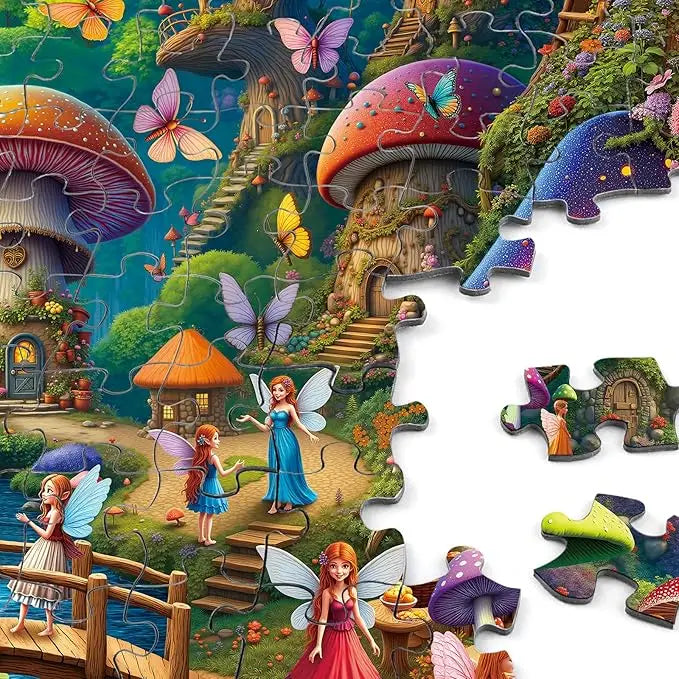 Rocorose jigsaw puzzle for adults 1000 pieces featuring a colorful fairyland forest with oversized mushroom houses