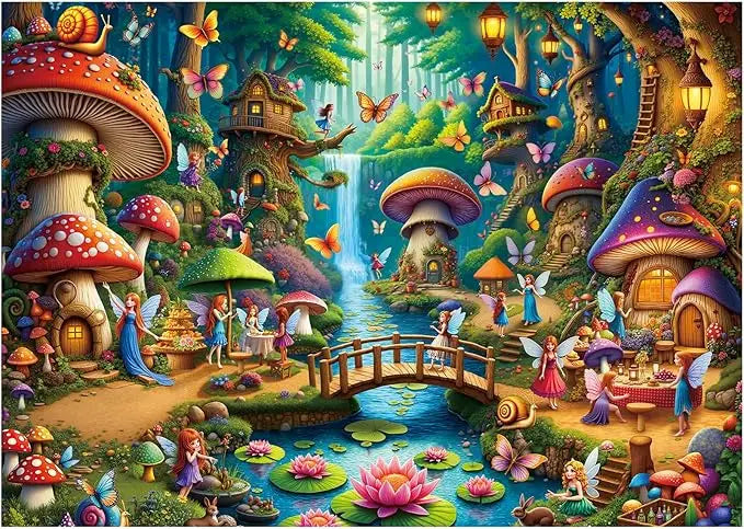 Rocorose jigsaw puzzle for adults 1000 pieces featuring a colorful fairyland forest with oversized mushroom houses