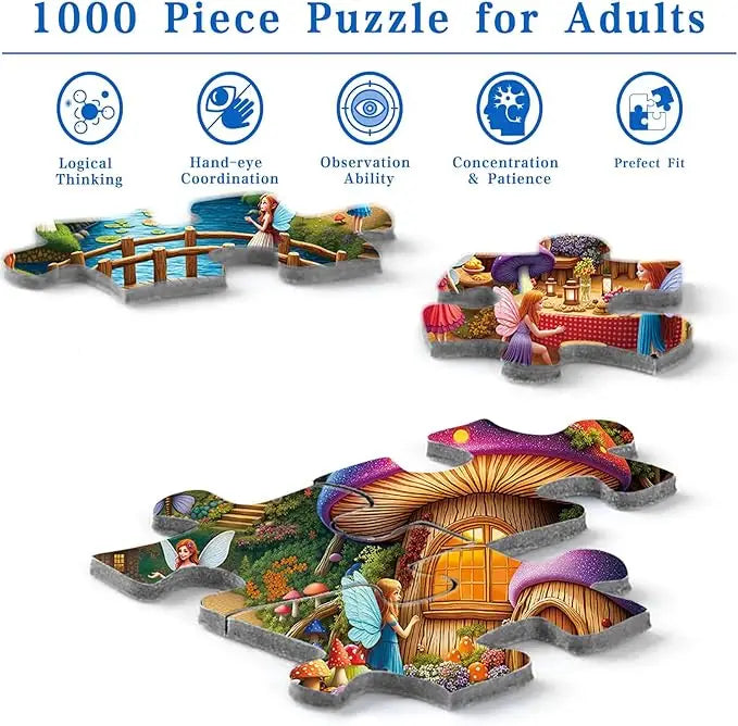 Rocorose jigsaw puzzle for adults 1000 pieces featuring a colorful fairyland forest with oversized mushroom houses