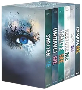 The shatter me series 6-book box set features seven hardcover books with eye and bare tree branch cover design