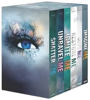 The shatter me series 6-book box set features seven hardcover books with eye and bare tree branch cover design