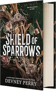 The book Shield of Sparrows by Devney Perry features a dark green cover with intricate floral and branch illustrations