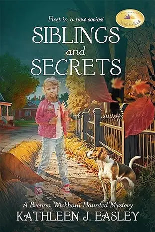 Book cover for siblings and secrets showing a girl in a pink jacket with her dog on an autumn path