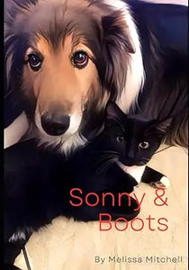 The book cover of Sonny and Boots shows a soft illustration of a brown and white collie named Sonny with a black cat Boots