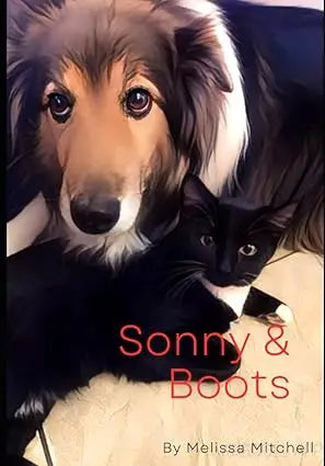 The book cover of Sonny and Boots shows a soft illustration of a brown and white collie named Sonny with a black cat Boots