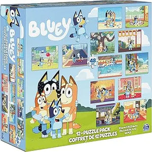 Bluey puzzles 12-pack by spin master games featuring colorful jigsaw puzzles of bluey family scenes for preschoolers aged 4 and up