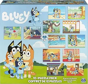 Spin Master Games Bluey puzzles 12-pack features colorful cartoon jigsaw puzzles for preschoolers ages 4 and up