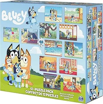 Spin Master Games Bluey puzzles 12-pack features colorful cartoon jigsaw puzzles for preschoolers ages 4 and up