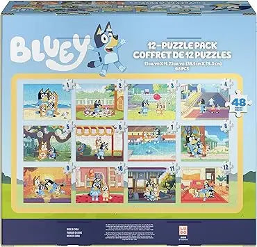 Spin Master Games Bluey puzzles 12-pack features colorful cartoon jigsaw puzzles for preschoolers ages 4 and up