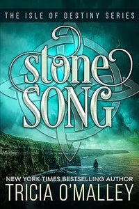 The book cover of stone song by tricia o’malley features a silver celtic knot over a teal green coastal landscape