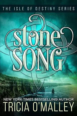The book cover of stone song by tricia o’malley features a silver celtic knot over a teal green coastal landscape