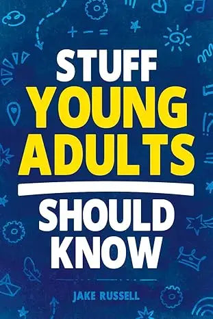 Blue book cover with bold yellow and white text stuff young adults should know by jake russell with playful doodle pattern