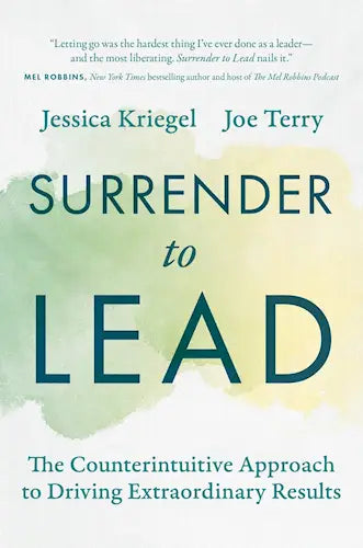 The book cover of surrender to lead features bold dark teal lettering on a pale green and yellow watercolor background