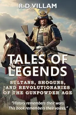 The book cover of Tales of Legends shows a samurai in dark blue and gold armor riding a horse under a cloudy sky