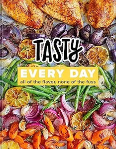The tasty every day cookbook cover shows a colorful spread of roasted vegetables and chicken for everyday meals