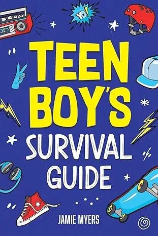 Teen boys survival guide book with bold yellow and white text on blue cover featuring skateboards headphones and sneakers