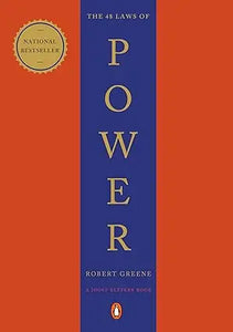 The 48 laws of power book cover with bold gold embossed lettering power on a deep blue vertical band over orange background