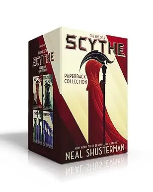 The arc of a scythe paperback collection boxed set with a striking red cream cover and bold black lettering by neal shusterman