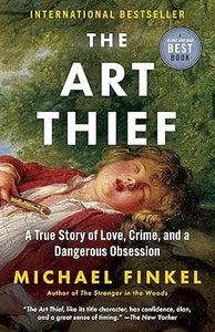 The art thief book cover features a painterly illustration of a sleeping figure in red and white against a green background