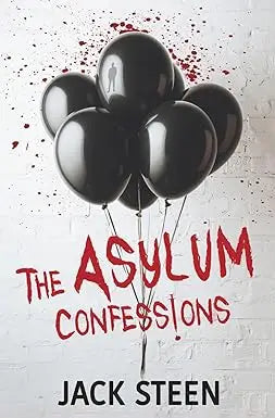 Black glossy balloons floating against a white brick wall featured in the asylum confessions product image