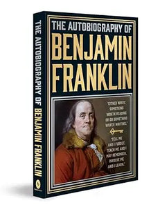 The autobiography of benjamin franklin hardcover book with a black and gold spine and bold white title letters