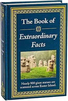 Blue hardcover book the book of extraordinary facts with gold embossed border and easter island statue image on cover