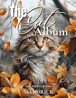 The cat album is a coloring book featuring a detailed illustration of a fluffy long-haired cat with golden eyes