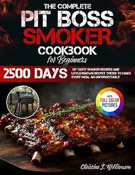 The complete pit boss smoker cookbook for beginners features a glossy black and red cover with bold white text and glazed ribs