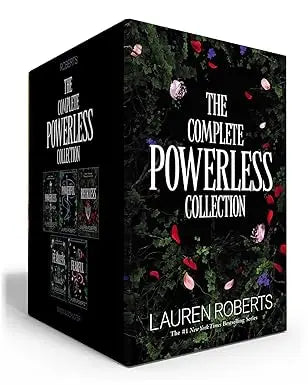 Black boxed set of the complete powerless collection by lauren roberts with dark floral design and pink and red petals