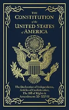 The navy blue hardcover edition of the constitution of the united states of america features a gold embossed eagle emblem
