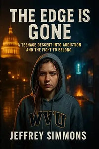 A young woman wears a dark gray wvu hooded sweatshirt made for nighttime city use titled the edge is gone