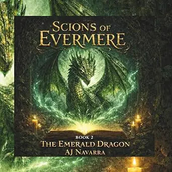 Book cover of the emerald dragon a scions of evermere adventure featuring a green-scaled dragon with glowing eyes and wings spread wide
