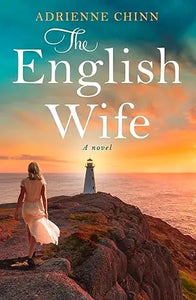 The English Wife novel cover with white serif text shows a woman in a cream dress walking toward a lighthouse at sunset
