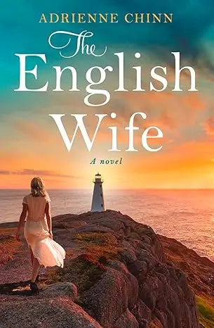 The English Wife novel cover with white serif text shows a woman in a cream dress walking toward a lighthouse at sunset