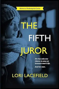 The fifth juror book cover featuring a woman in a knitted beanie and scarf against a dark blue background