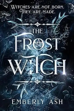 The frost witch book cover features an intricate icy blue and silver design with ornate lettering for fantasy readers