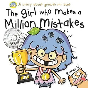 The girl who makes a million mistakes children’s book showing a cartoon girl with blue hair holding a gold trophy and medal