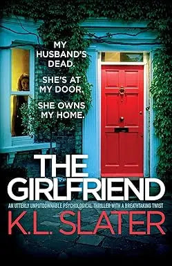 The girlfriend book cover featuring a red door on a teal house with ivy and bold white text by k.l