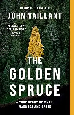 The golden spruce book cover features a striking golden tree on a dark forest background with bold white text and an orange stripe