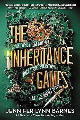 The inheritance games book cover features ornate gold lettering on a dark green background with floral and mechanical designs