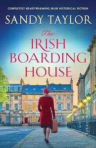 A woman in a red coat and matching hat walks away carrying a vintage suitcase in the irish boarding house novel cover