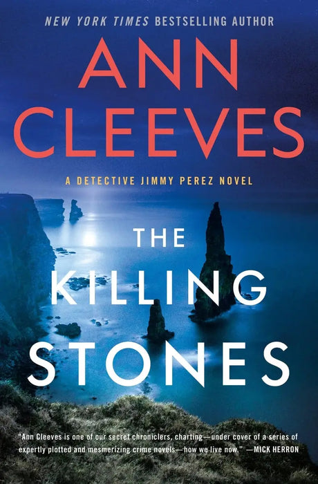 The killing stones book cover by Ann Cleeves features bold orange and white text over a moody blue coastal scene