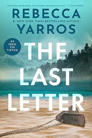 The last letter by Rebecca Yarros book with a misty beach and ocean cover featuring a dog tag on sand
