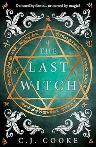 The last witch book cover features a teal and gold design with silver filigree and an ornate pentagram for gothic thriller fans