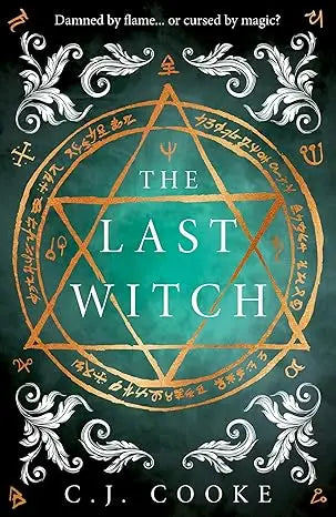 The last witch book cover features a teal and gold design with silver filigree and an ornate pentagram for gothic thriller fans
