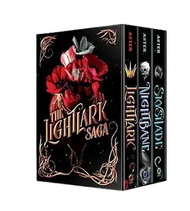 The lightlark saga ultimate box set featuring black cover with gold detailing and vibrant red poppies on the front