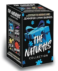 Blue gift box with bow and puzzle design for the naturals collection paperback boxed set by jennifer lynn barnes